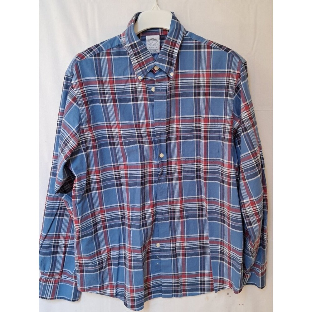 Brooks Brothers Regent Fit Mens Blue Red Plaid Cotton Button Down Shirt Large